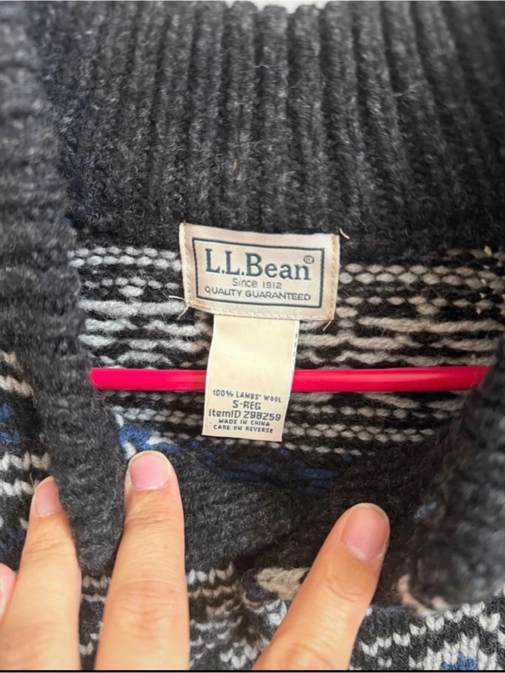 L.L. Bean Men's Dark Gray Fair Isle Crewneck Sweater with Blue Accents - Picture 2 of 3